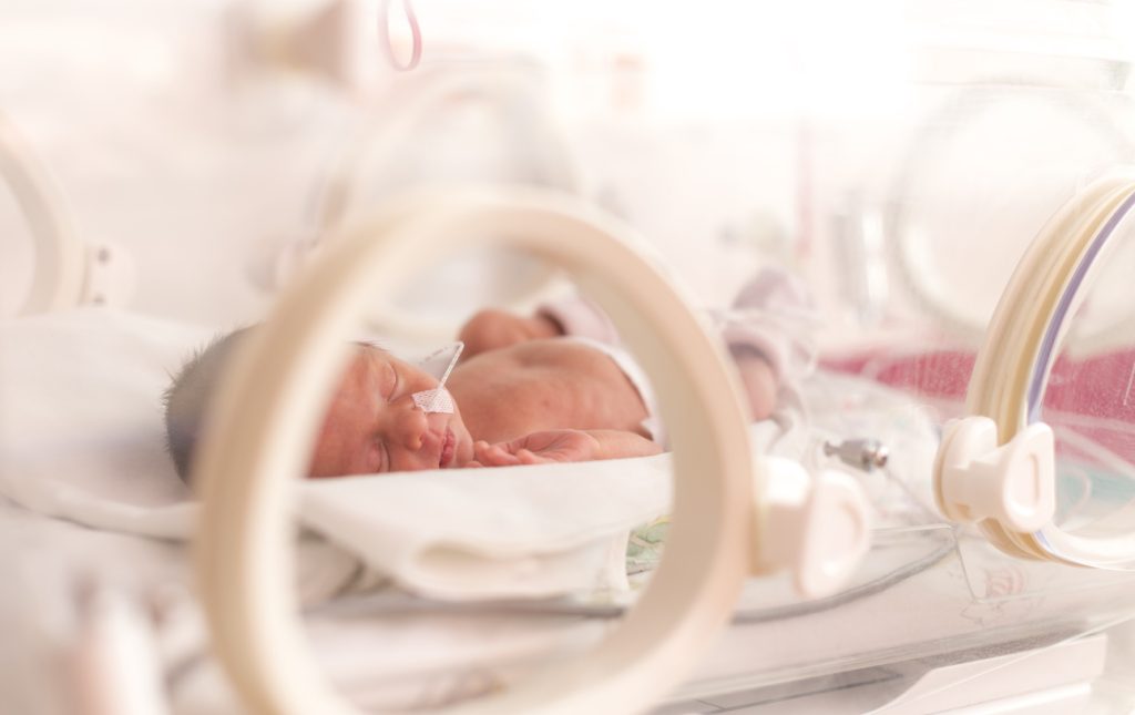 Premature newborn baby in the hospital incubator