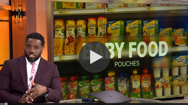 News anchor introducing segment on baby food pouches