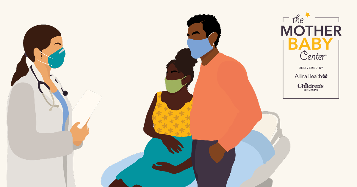 an illustration shows a white female doctor wearing a mask and doctor coat, speaking to a Black pregnant woman in her first trimester and her partner. Both are also wearing masks.