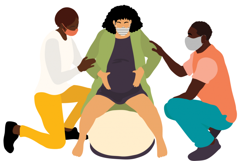 Illustration: A woman with dark hair and light skin sits on an exercise ball while in labor, and is surrounded by her Black, male partner, and a doula, a Black woman, who are offering her support. All 3 are wearing masks.