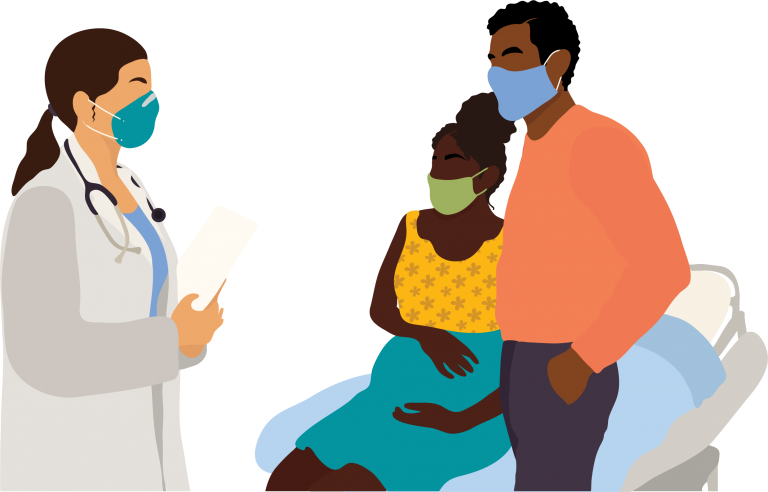 Illustration: a Black, pregnant woman sits near her Black, male partner and they are talking to their white, female doctor. All 3 are wearing masks.